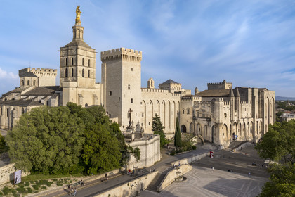 France, Vaucluse, Avignon, the Doms Cathedral and the Palais des Papes (Palace of the Popes) listed as World heritage by UNESCO, and the Palace Square (aerial view)