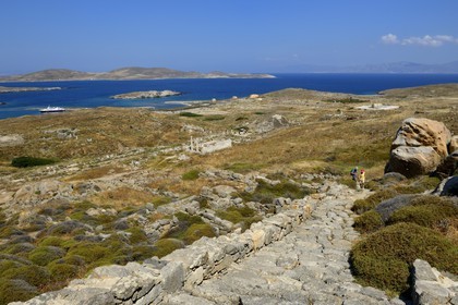 Grèce, île de Delos, classée Patrimoine Mondial de l'UNESCO, site archéologique de Délos, sanctuaire d'Apollon, la plus grande cité antique de la mer Egée, escalier montant au Mont Cynthe