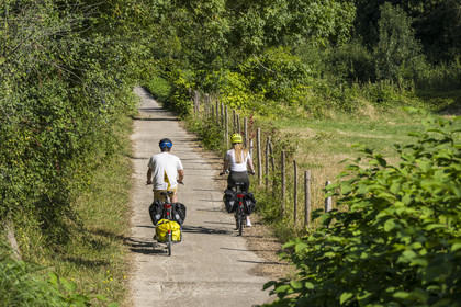 France, Maine-et-Loire, Loire valley listed as World Heritage by UNESCO, Saumur towards Saint-Hilaire, cycling along the banks of the Loire on the Loire à Vélo cycle path, bike with a trailer carrying camping equipment