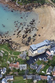 France, Cotes-d'Armor,  Cote de Granit Rose (the Pink Granite coast), Tregastel, St Guirec beach at Ploumanach (aerial view)