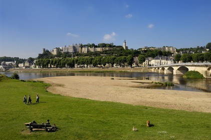 France, Indre et Loire (37), Vallée de la Loire classée Patrimoine Mondial de l'UNESCO, Chinon, vue de la ville et du château depuis la rive sud de la Vienne