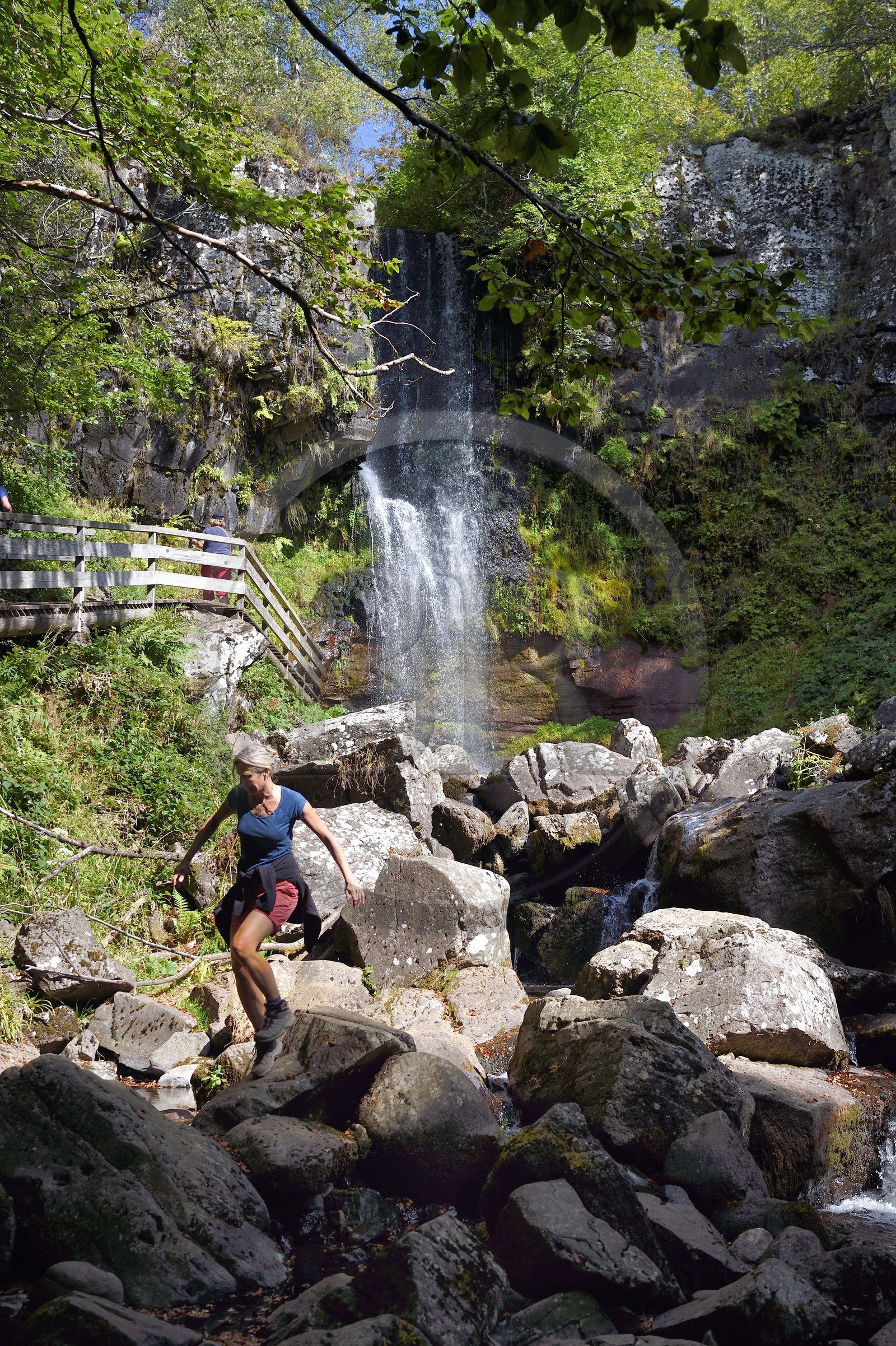 France, Cantal, Parc Naturel Régional des Volcans d'Auvergne (regional nature park of Auvergne volcanoes), Brezons valley, hamlet of Sanissage, the Saut de la Truite (trout jump) waterfall