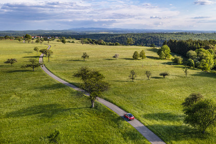 France, Bas Rhin, Parc regional des Vosges du nord (Northern Vosges Regional Natural Park), Eschbourg, the forest road from La Petite Pierre at the exit of the forest, the Vosges massif in the background (aerial view)