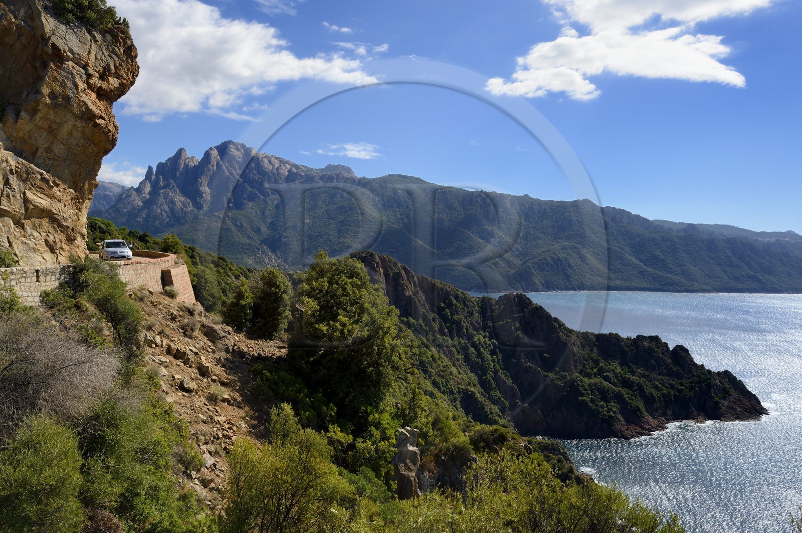 France, Corse du Sud, Golfe de Porto, listed as World Heritage by UNESCO, D81 road that goes from Calvi to Porto, the Capo d'Orto in the background