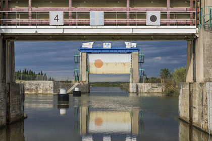 France, Gard, Aigues Mortes, the Portes de Vidourle locks which allow the Rhone to Sète Canal to cross the Vidourle river and control its floods
