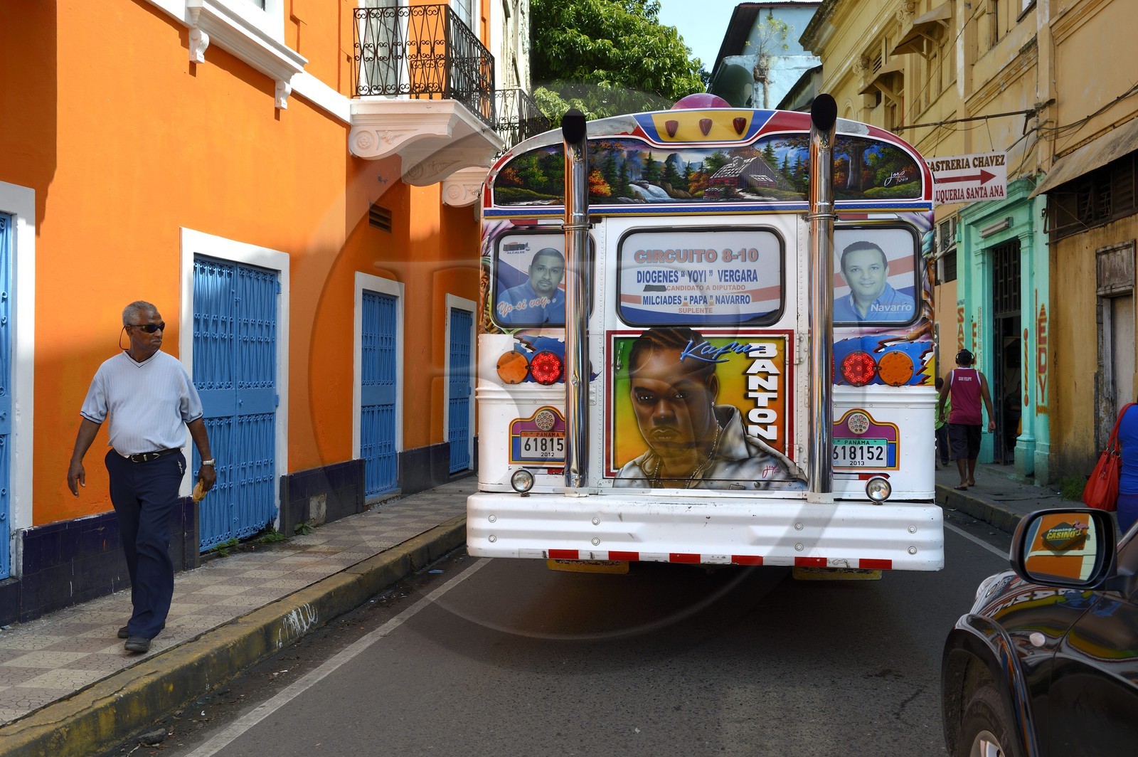 Panama, Panama City, Santa Ana neighborhood, bus called Diablo Rojo (Red Devil) covered with garish paintings