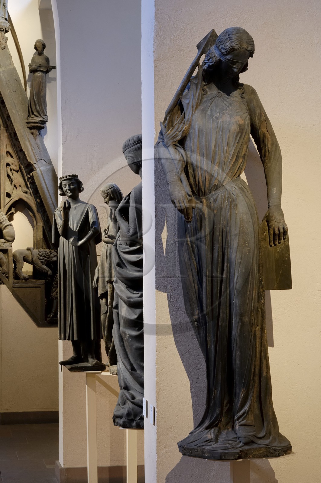 France, Bas Rhin, Strasbourg, old city listed as World Heritage by UNESCO, Musee de l'Oeuvre Notre Dame (Frauenhausmuseum), the Jube Room, sculptures of the synagogue and tempting with the apple in the background