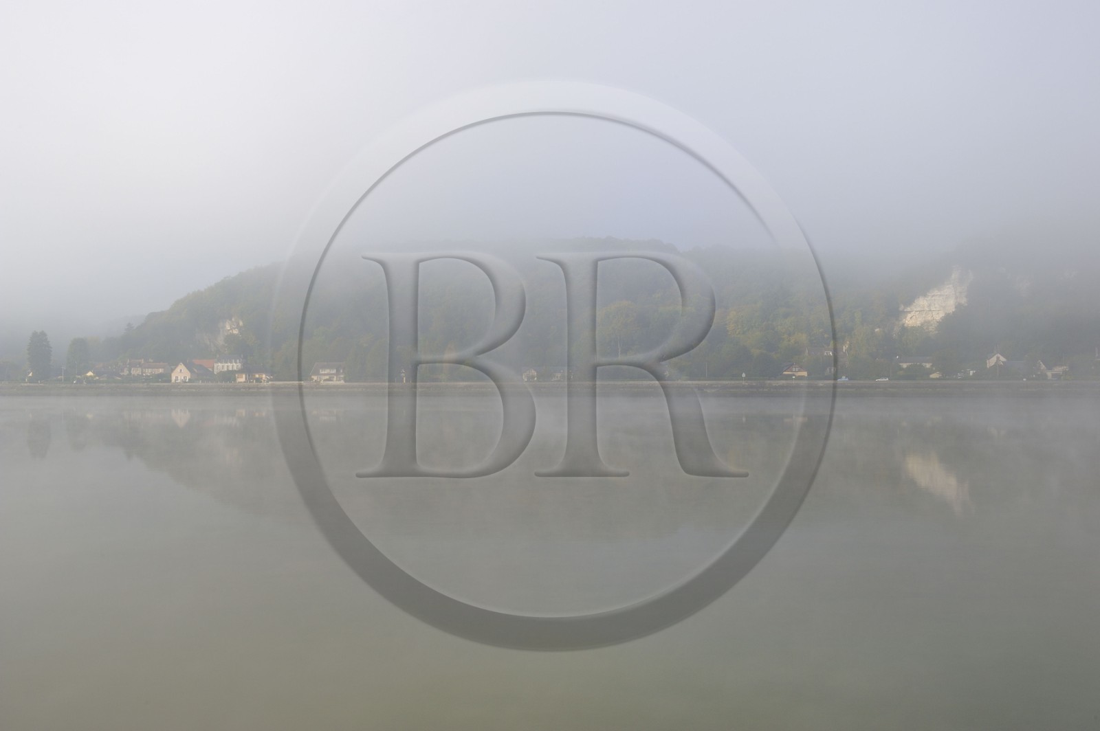 France, Seine-Maritime, Le Bas Mauny located in the Eure department in the mist downstream the village of La Bouille on the left bank of the Seine