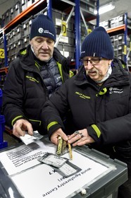 Norway, Svalbard, Spitzbergen, Longyearbyen, Svalbard Global Seed Vault (Seed Bank), seed storage room artificially maintained at -18°C, there are nearly 900000 samples deposited, from 200 countries of origin and 73 depositor institutes, Åsmund Asdal and Roland von Bothmer (right) from NordGen present the new means of storing seeds in vacuum aluminum bags and old ones in glass tubes