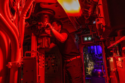 France, Morbihan, Lorient, Lorient La Base, former submarine base built by the Germans during the Second World War, submarine Flore S645 in service from 1964 to 1989 and its museum, central operation and its periscope