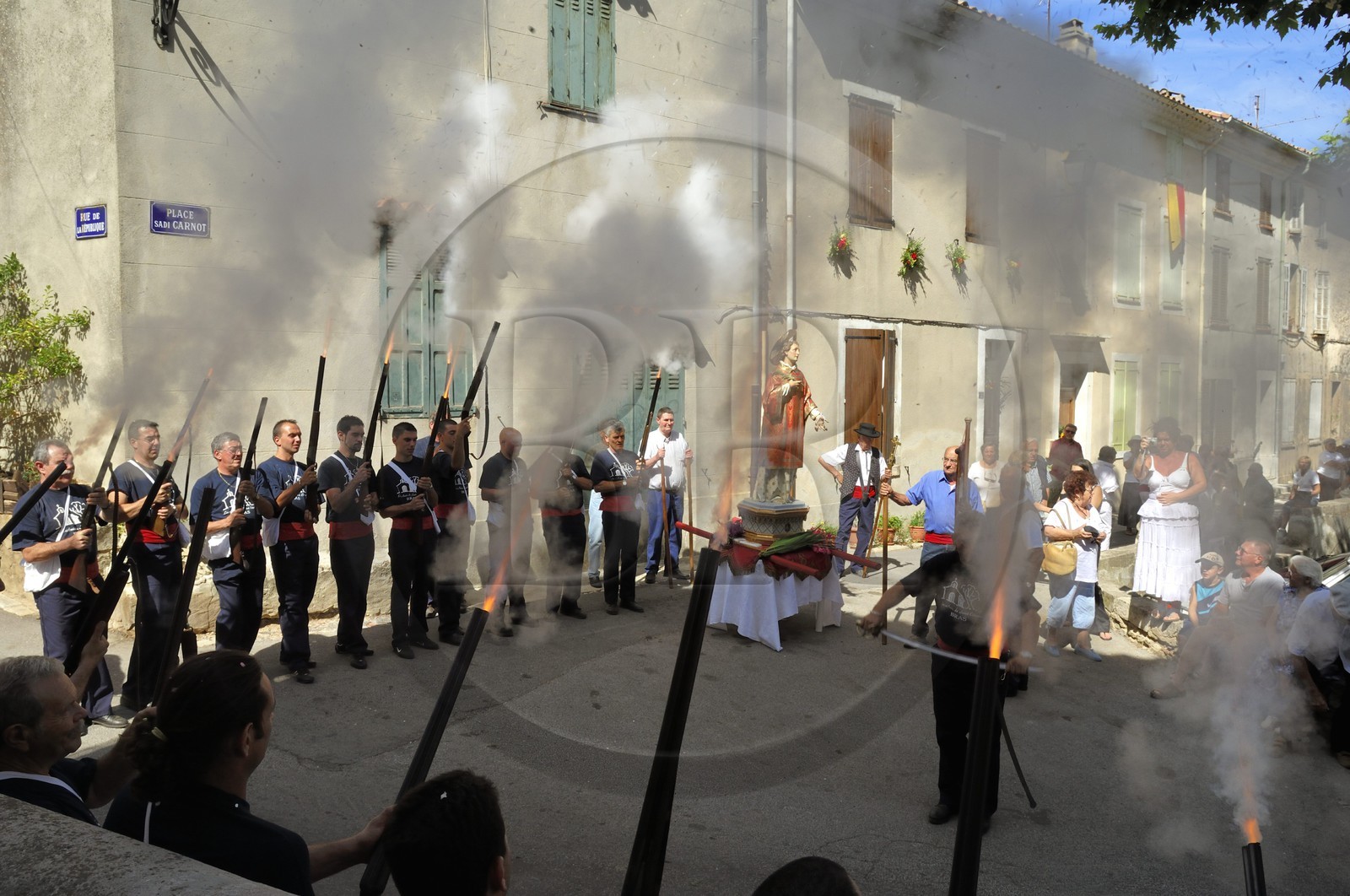 France, Var (83), la Provence Verte, Bras, the Bravade (bravado), procession of Saint Etienne, bravaders firing a blank