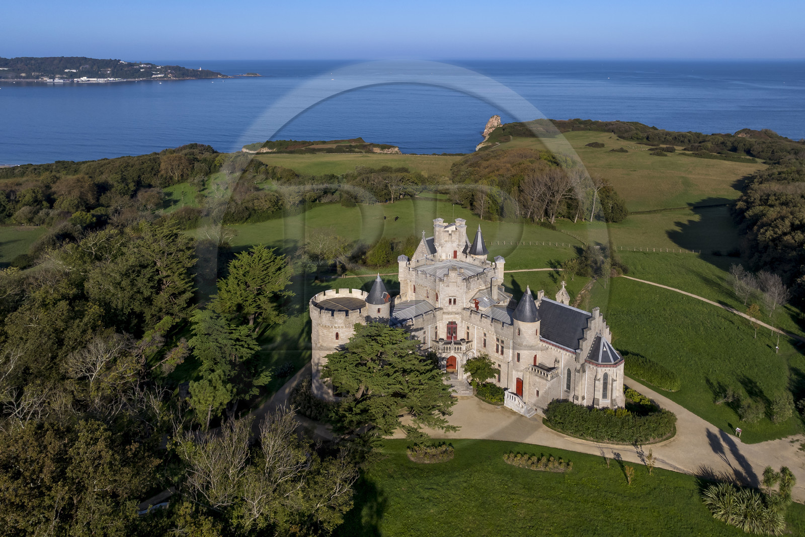 France, Pyrenees Atlantiques, Basque Country coast, Hendaye, Abbadia castle built in 1870 by Eugène Viollet-le-Duc for Antoine d'Abbadie d'Arrast (aerial view)