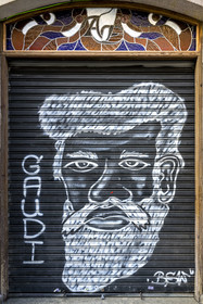 Spain, Catalonia, Barcelona, mural depicting Catalan modernist architect Antoni Gaudi