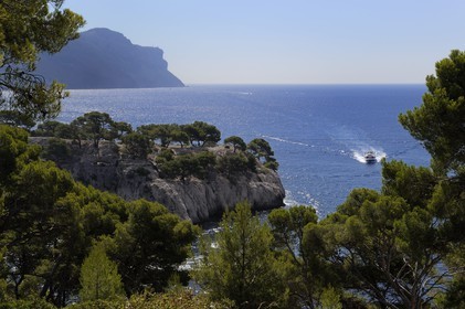 France, Bouches-du-Rhône (13), Cassis, presqu'île de Port Miou et les falaises du Cap Canaille en arrière plan