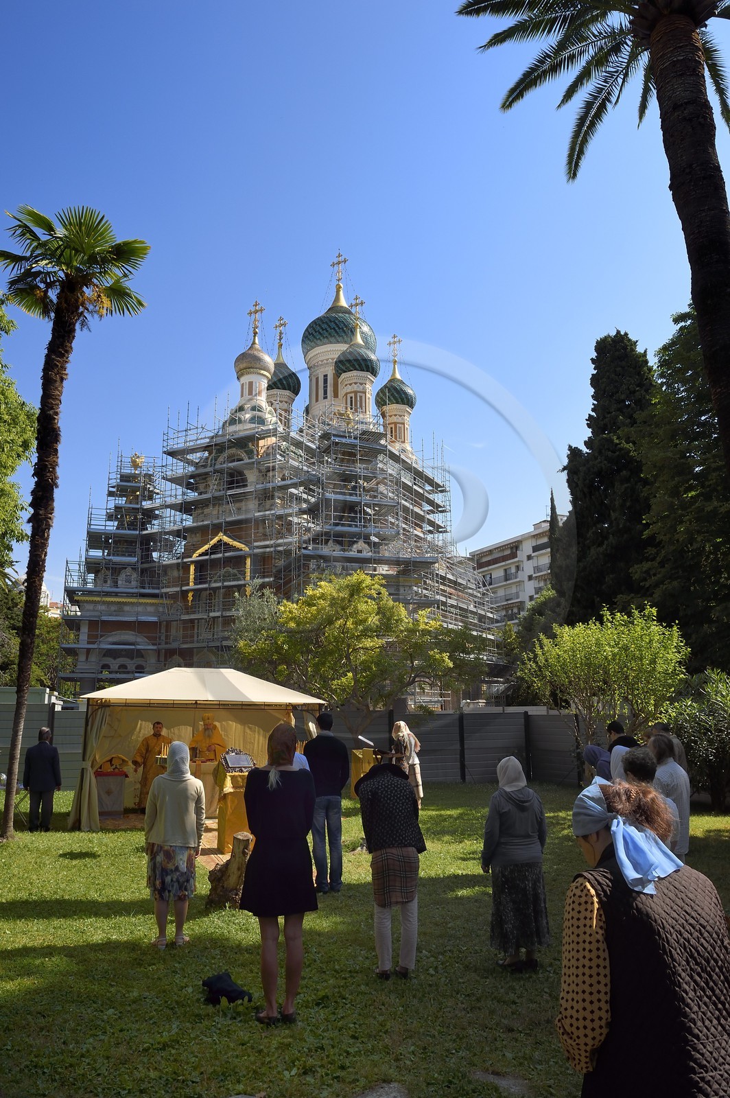 France, Alpes-Maritimes, Nice, Russian Orthodox Cathedral of St. Nicolas built in 1859 on Boulevard Tzarevitch, outdoor Mass