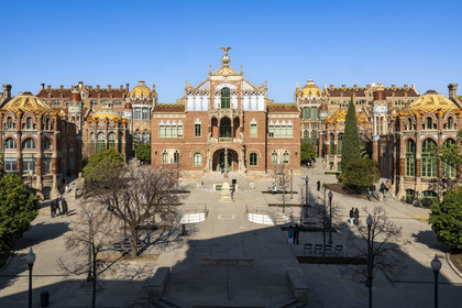 Spain, Catalonia, Barcelona, El Guinardo district, former Hospital de la Santa Creu i de Sant Pau listed as UNESCO World Heritage, modernist style by architect Domenech i Montaner, today a museum and a cultural center, It was composed of pavilions connected by underground passages.