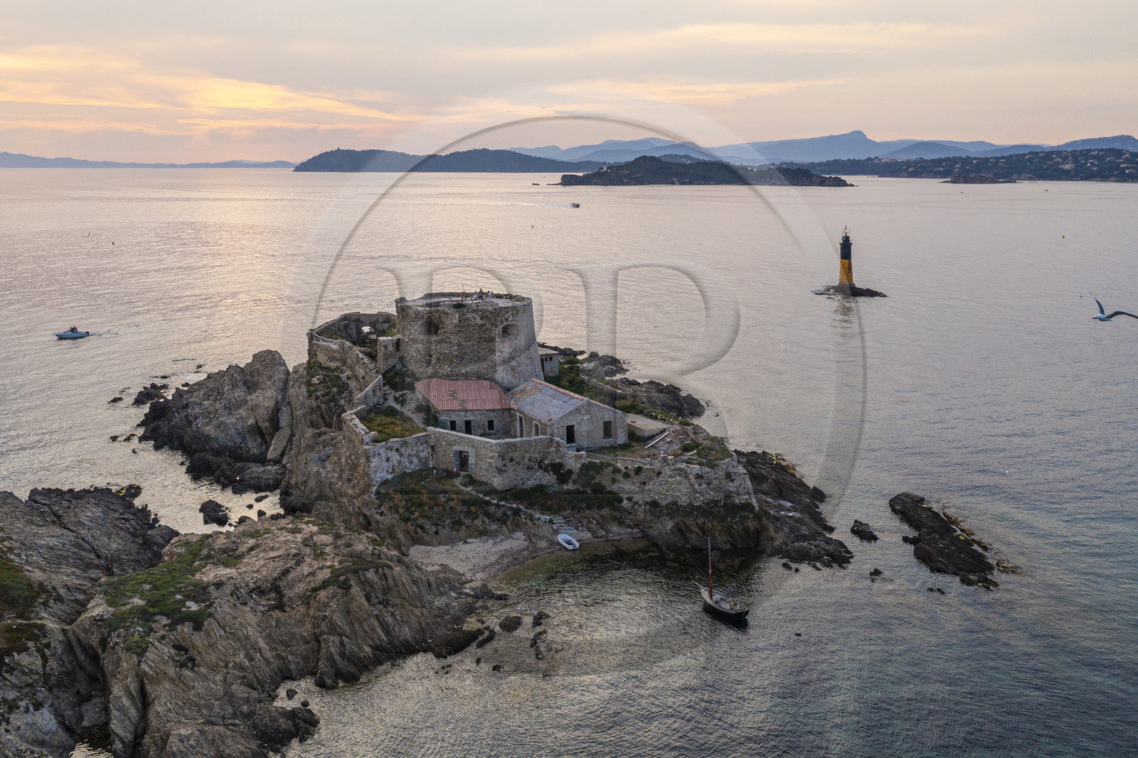 France, Var, Iles d'Hyeres, Parc National de Port Cros (National park of Port Cros), Porquerolles island, the 17th century Fort du Petit Langoustier on its island (aerial view)