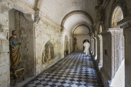France, Bouches-du-Rhône (13), Tarascon, La Montagnette, abbaye Saint-Michel de Frigolet, le cloitre du XIIe siècle attenant à l'église Saint-Michel