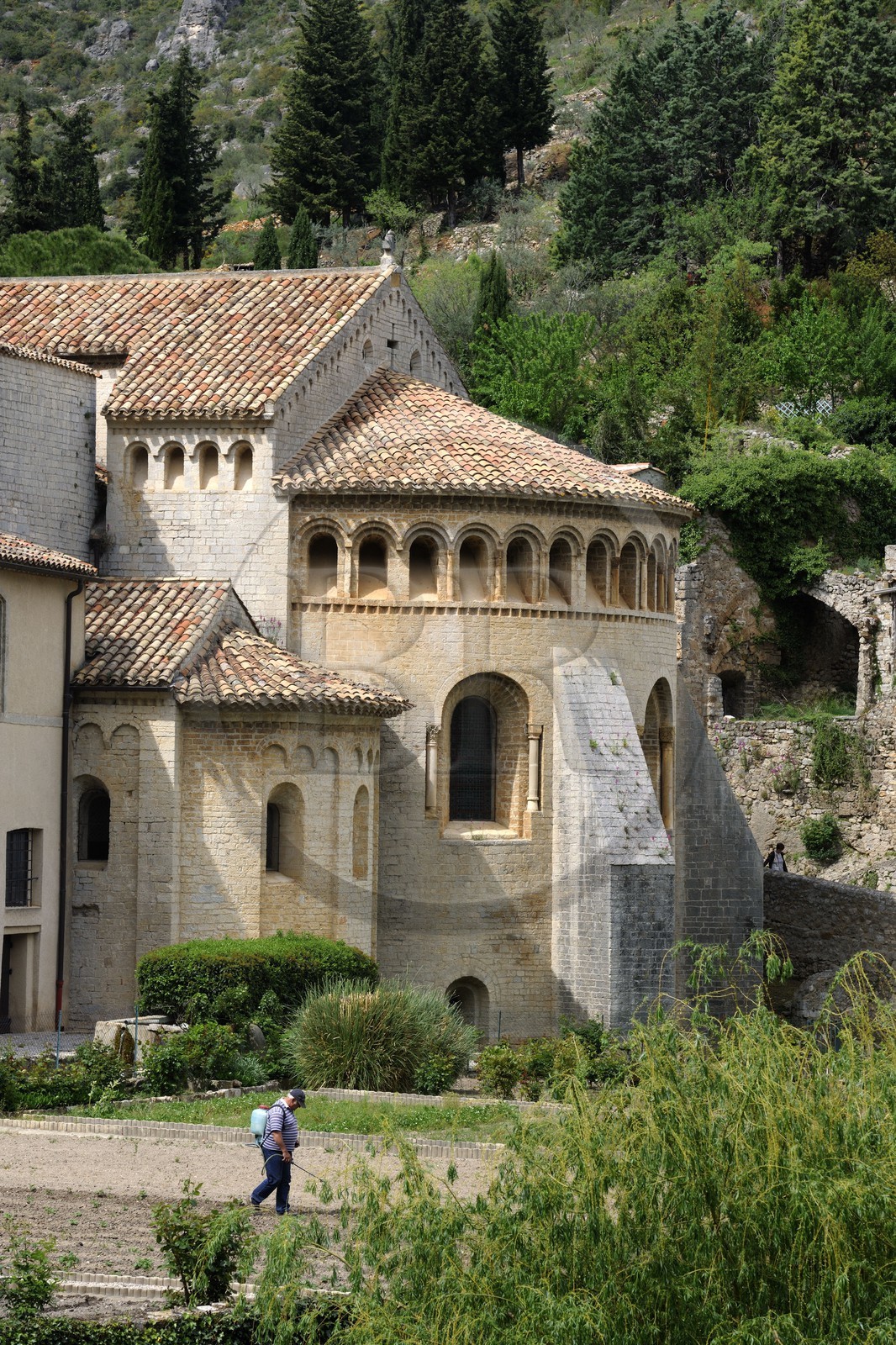 France, Herault, Medieval town of Saint-Guilhem-le-Desert, a stop on el Camino de Santiago, pilgrimage route to Compostela, labelled Les Plus Beaux Villages de France (The Most Beautiful Villages of France), abbey of Gellone from the 11th century listed as World Heritage by UNESCO, triple apse of the church