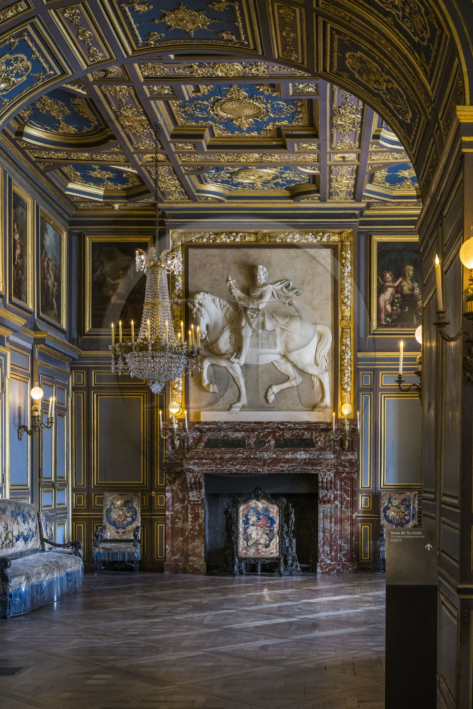 France, Seine-et-Marne, Fontainebleau, castle of Fontainebleau listed as World Heritage by UNESCO, the second Saint-Louis room or Salon du Donjon, the oldest room in the chateau, where the Languedoc marble fireplace decorated with an equestrian bas-relief representing Henri IV, made around 1600 by Matthieu Jacquet, has been moved
