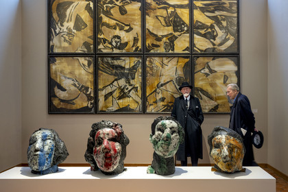 France, Paris, Musée Maillol art museum, German painter and sculptor Markus Lüpertz during his exhibition in dialogue with the work of Aristide Maillol, his gallerist Michael Werner on his right, painted bronzes and mixed media on paper
