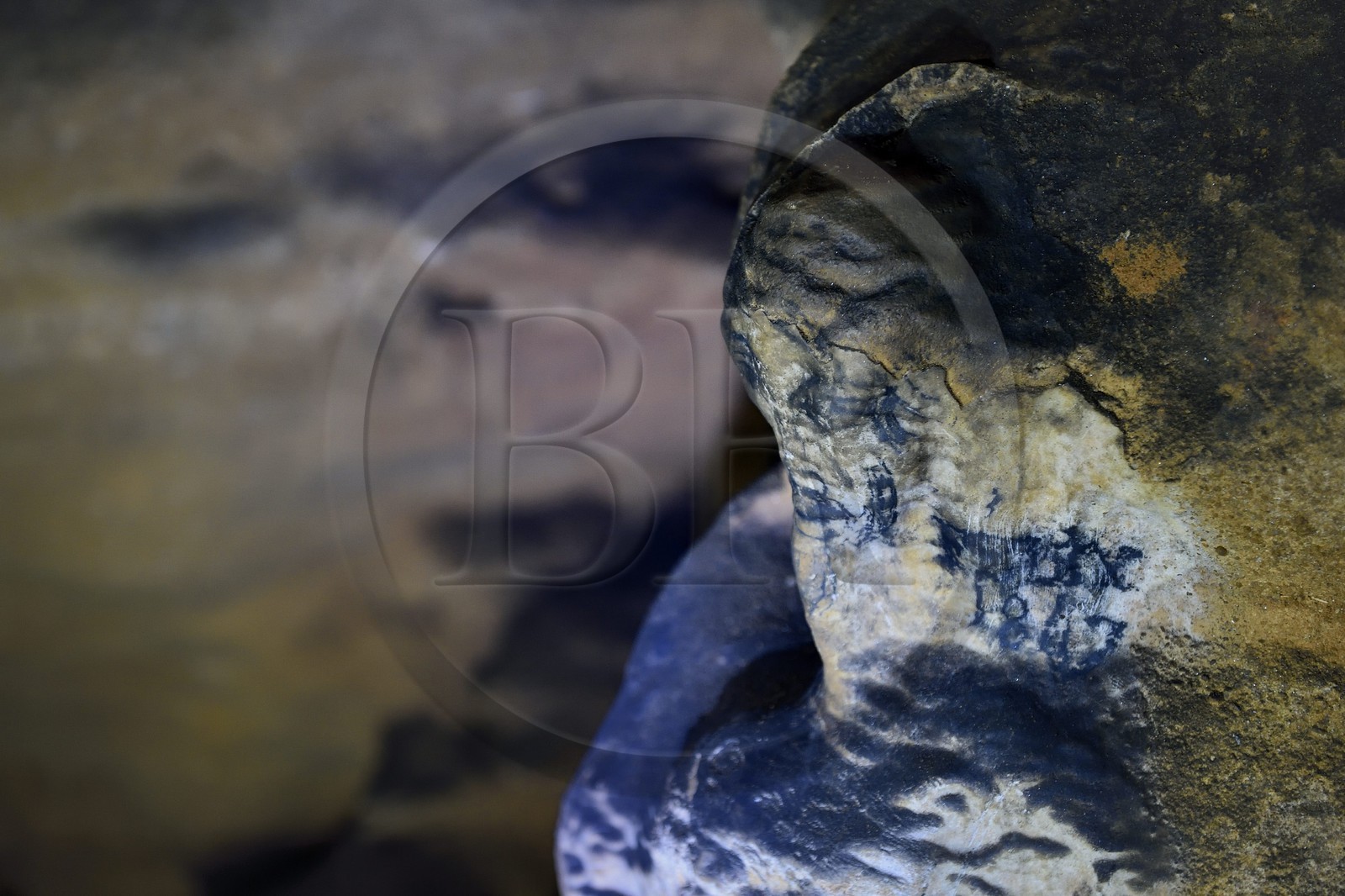 France, Dordogne (24), Périgord Noir, vallée de la Dordogne, Groléjac, initiation à la spéléologie avec Laurent Lignac de Couleur Périgord dans la grotte du Pechialet, dessin de la tête du Christ réalisé par un certain Gary Felix en 1847