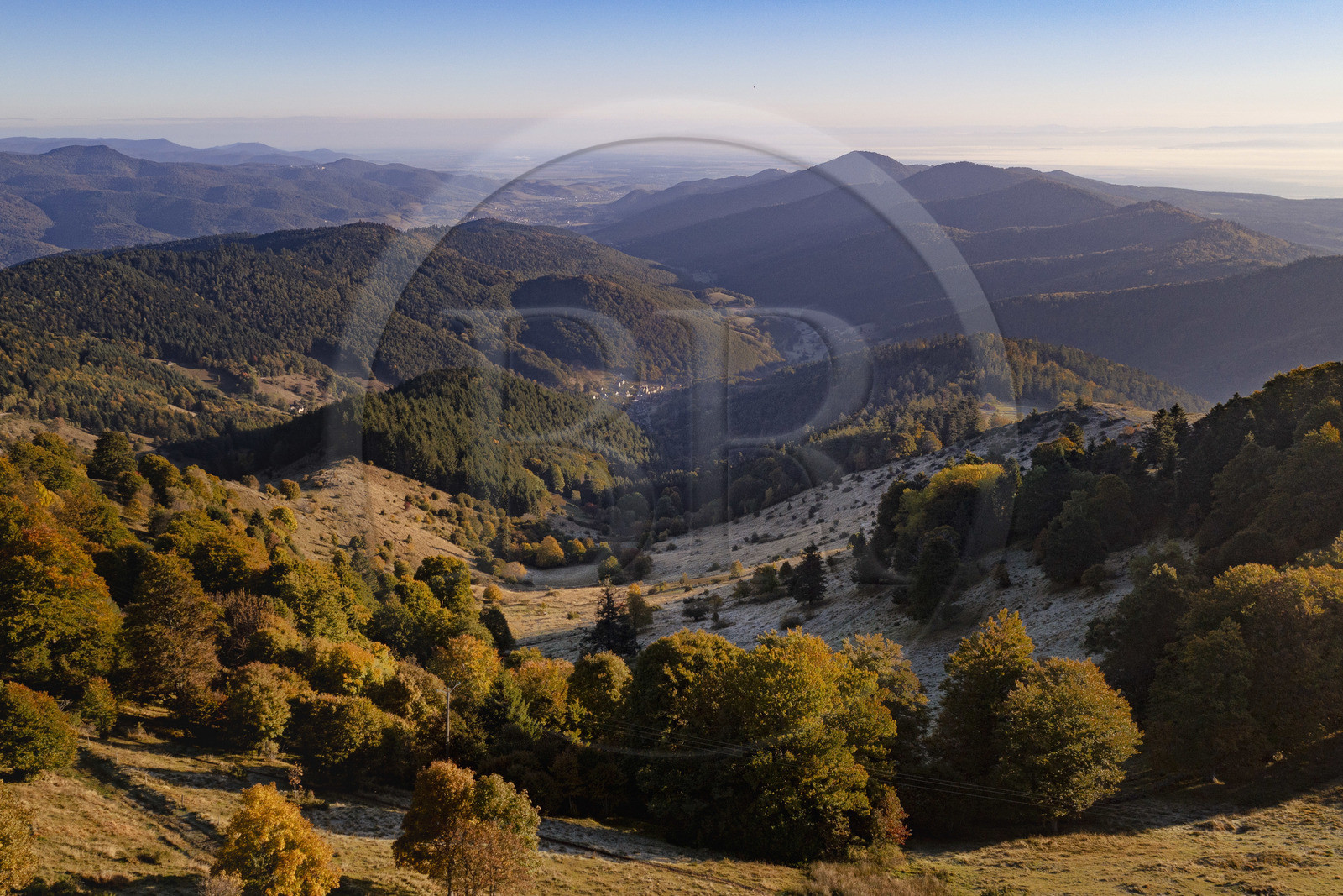 France, Haut Rhin, Wasserbourg, massif of the Vosges bordering the plain of Alsace (in the background) from the Petit Ballon mountain (aerial view)