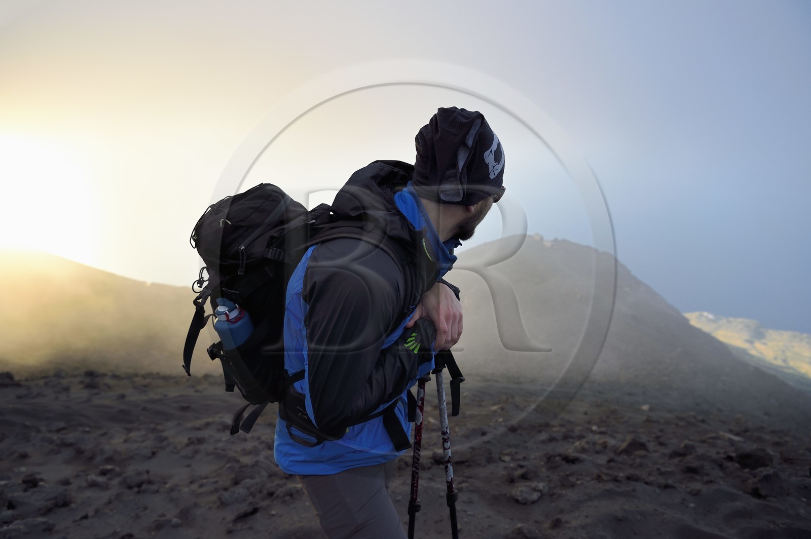 Italy, Sicily, Aeolian Islands, listed as World Heritage by UNESCO, Stromboli island, hiker climbing the volcano
