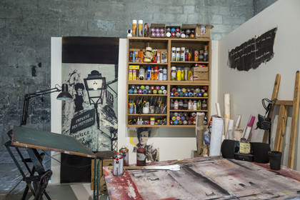 France, Vaucluse, Avignon, Palais des Papes (Palace of the Popes) listed as World heritage by UNESCO, Reconstruction of the workshop of street artist Miss.Tic, known for her stencil works, on the occasion of her exhibition A la vie, à l’amor in 2024