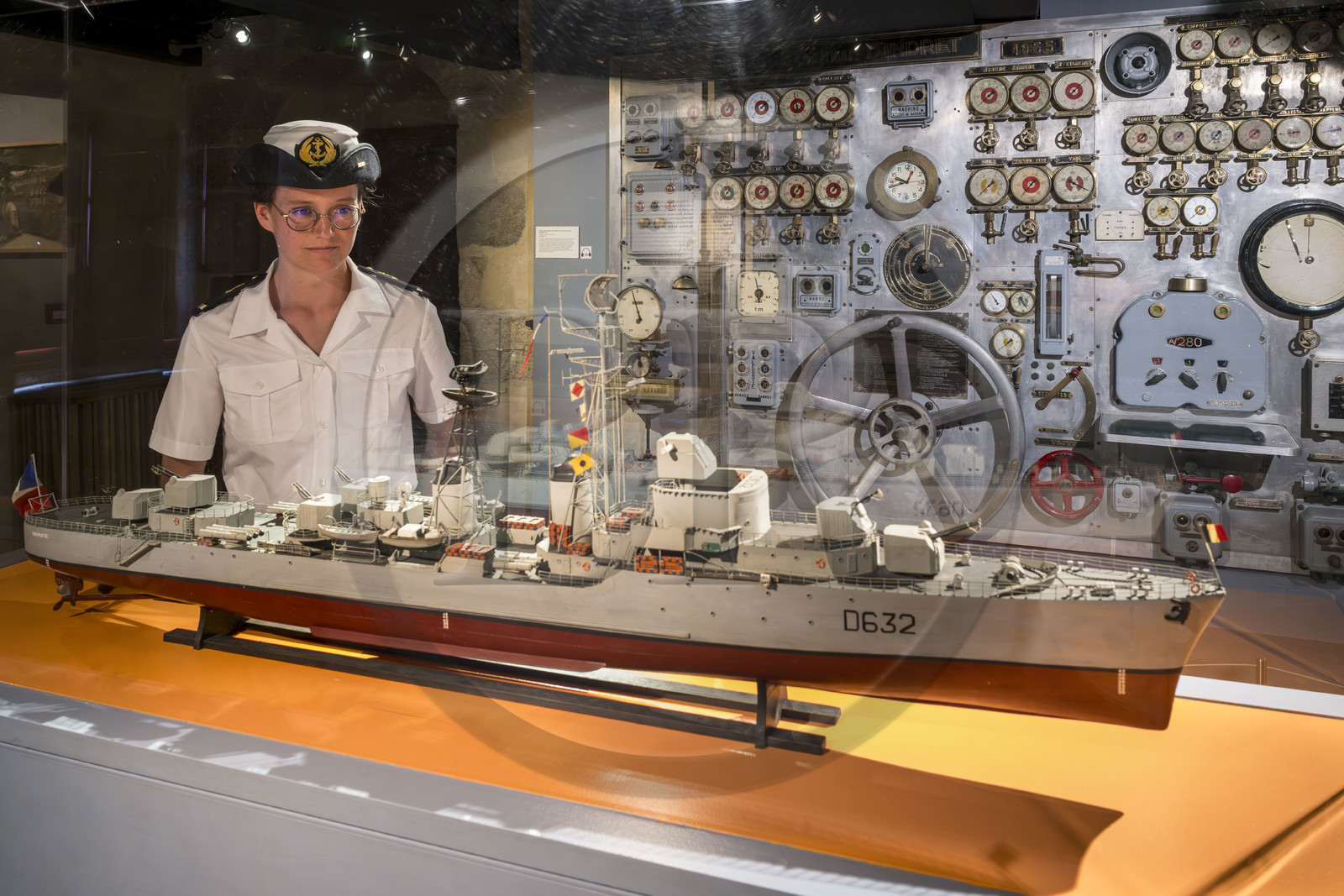France, Finistère, Brest, the National Maritime Museum in the castle, squadron escort model, rear engine maneuvering panel of the squadron escort Le Vauquelin in the background