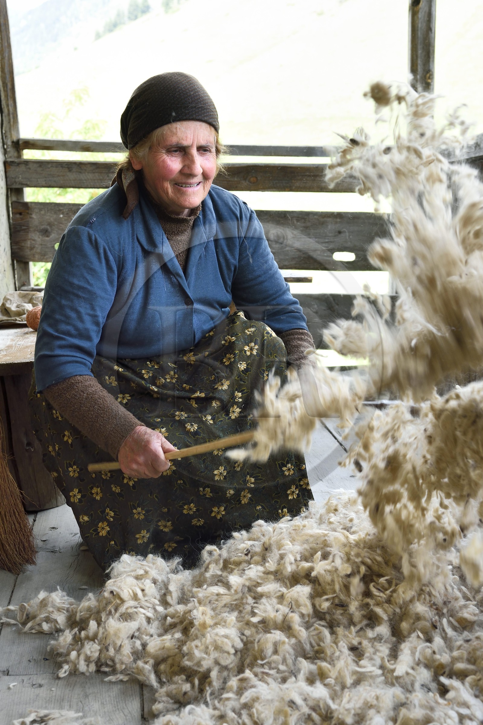 Géorgie, Kakheti, Parc national de Touchétie, village de Shenako, Sirana Hatchizé remonte pour l'été en Touchétie, ici elle aère la laine destinée au matelas