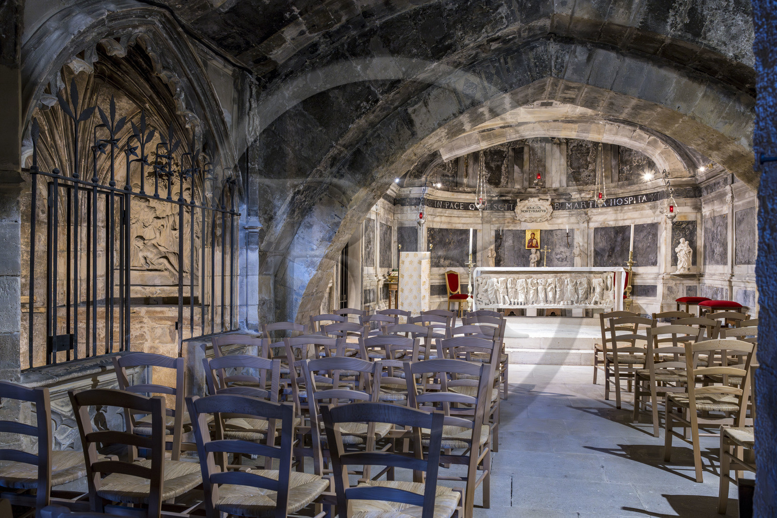 France, Bouches du Rhone, Tarascon, the royal collegiate church of Sainte-Marthe built in the 11th and 12th centuries, the crypt, remodeled in the 17th century, houses  the paleochristian sarcophagus in white marble (from the beginning of the 4th century) which contains the relics of Saint Martha