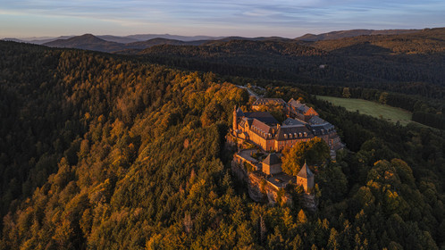 France, Bas Rhin, Mont Saint Odile, Mont Sainte-Odile Abbey also known as Hohenburg Abbey facing the plain of Alsace (aerial view)