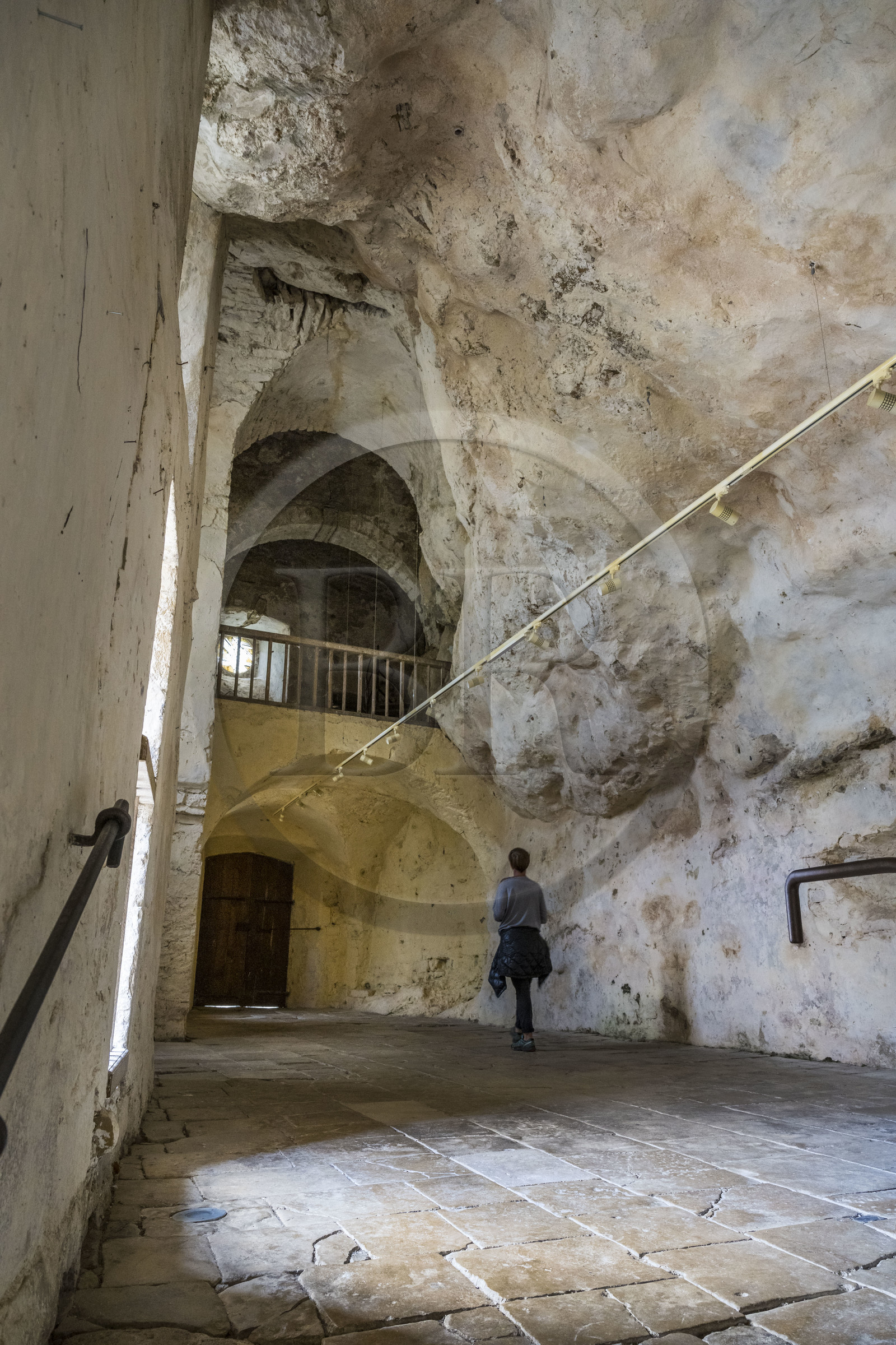 France, Aveyron, Grands Causses Regional Nature Park, Peyre, labelled Les Plus Beaux Villages de France (The Most Beautiful Villages of France), Saint-Christophe troglodyte church from the 11th and 17th centuries