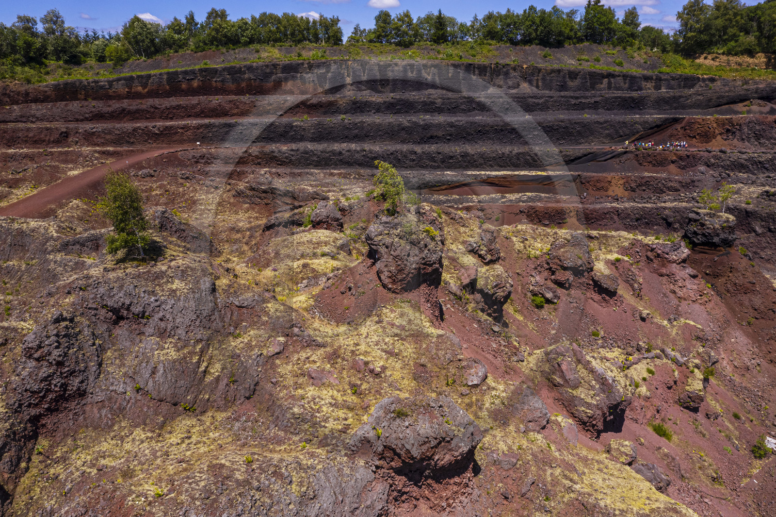 France, Puy de Dome, Parc Naturel Régional des Volcans d'Auvergne (regional nature park of Auvergne volcanoes), Chaine des Puys listed as World heritage by UNESCO, Saint Ours les Roches, Lemptegy volcano, a former pozzolan quarry that has become an educational site open to the public (aerial view)