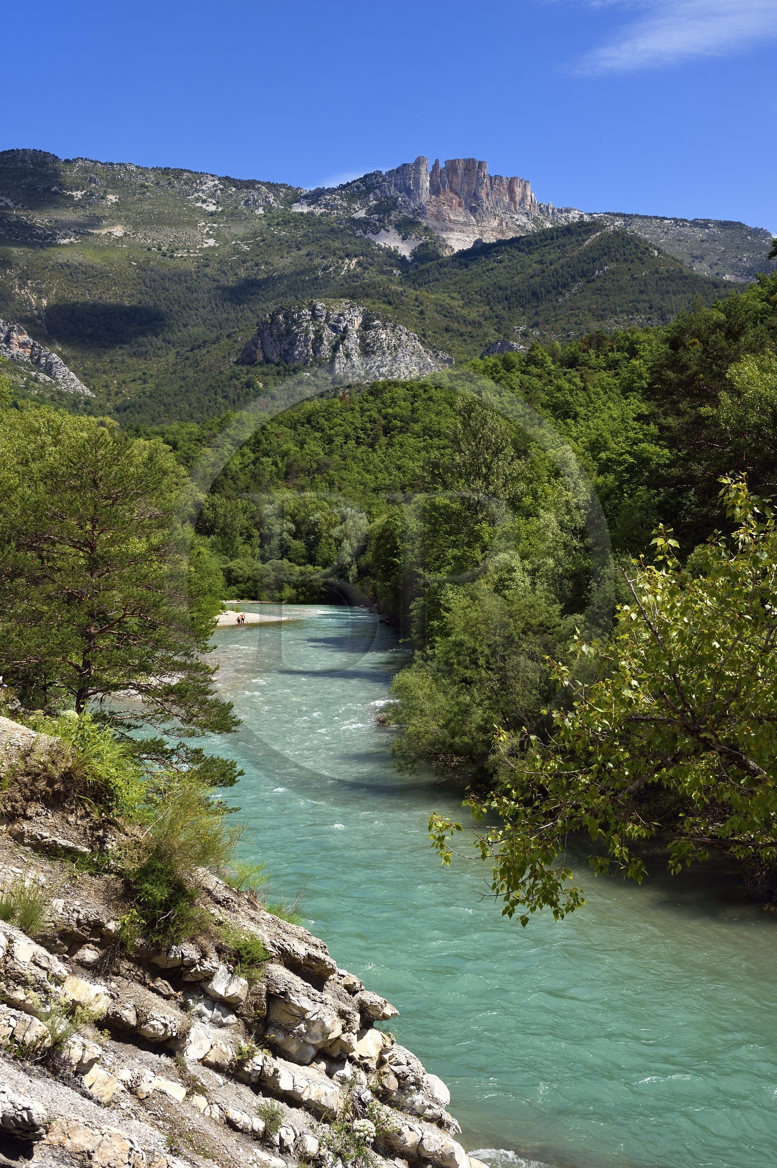 France, Alpes-de-Haute-Provence (04), Parc Naturel Régional du Verdon, Chasteuil, le verdon et les Cadières de Brandis qui le domine en arrière plan