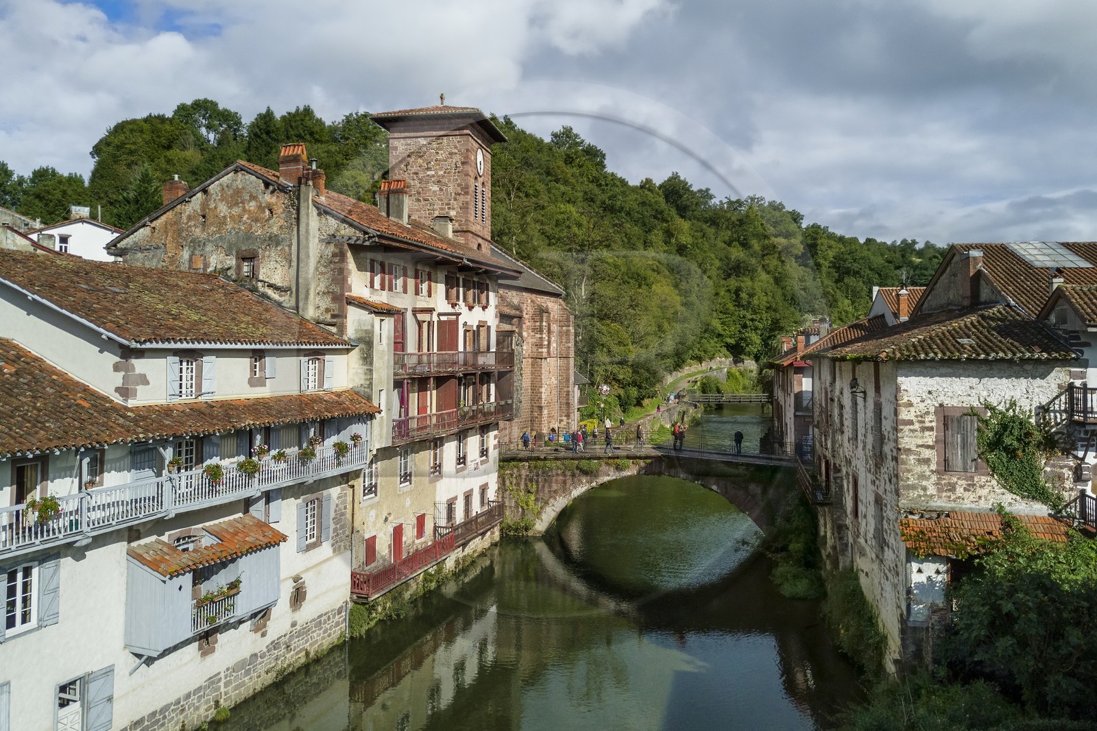 France, Pyrenees Atlantiques, Basque Country, Saint Jean Pied de Port, the Pont Vieux over the Nive of Beherobie river and Notre Dame du Bout du Pont church (aerial view)