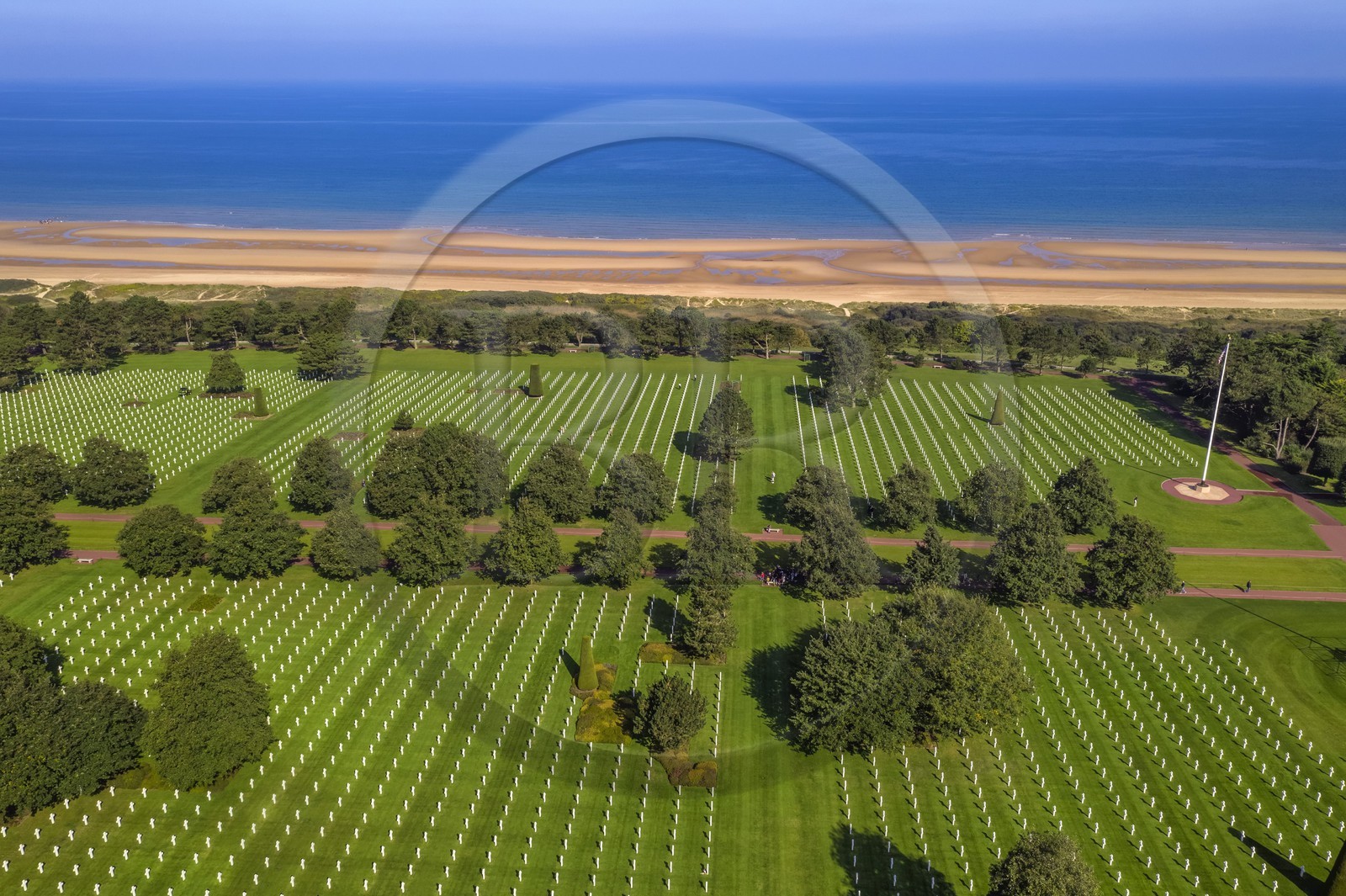 France, Calvados, Colleville sur Mer, the Normandy Landings Beach, Normandy American Cemetery and Memorial, Omaha Beach in the background