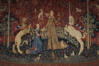 France, Paris, Musee du Moyen-Age (Middle Ages Museum), the former Hotel de Cluny, the Lady Lady and the Unicorn (French: La Dame à la licorne) is the modern title given to a series of six tapestries woven in Flanders in the end of 15th century