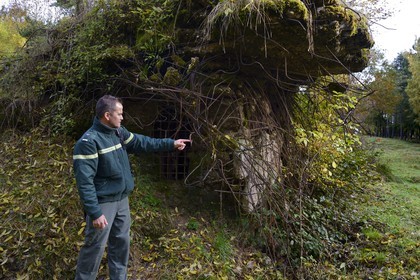 France, Meuse (55), Douaumont, paysage marqué par les trous d'obus encore un siècle après la bataille de Verdun, ouvrage de Thiaumont en bordure de l'ossuaire de Douaumont, vestiges de ce qui reste de l'abri de combat PC 118