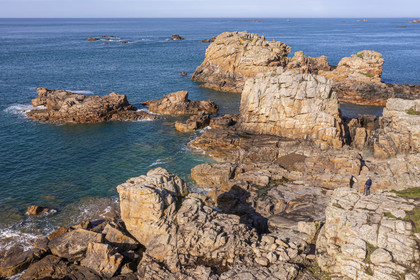 France, Cotes-d'Armor, Cote d'Ajoncs, Plougrescant, rocks at a place called La Pointe du Chateau (aerial view)