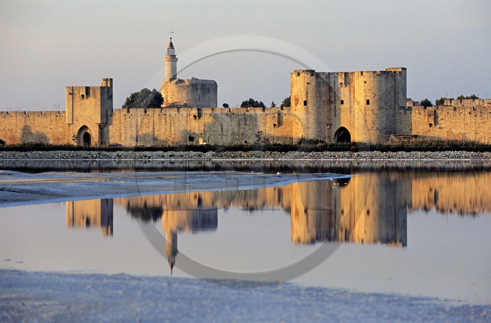 France, Gard (30), Aigues-Mortes, la Tour Constance dépassant des remparts de la ville derrière l'étang