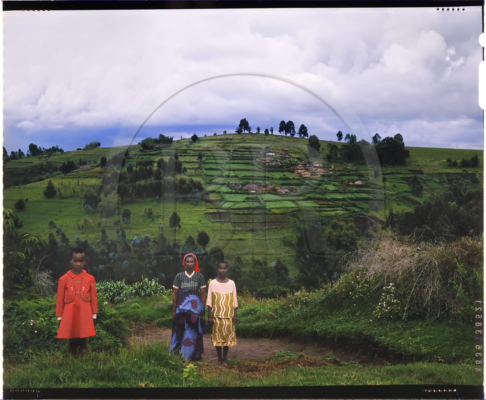 Burundi, province de Bujumbura, région d'Ijenda, mère Tutsi et ses filles, l'habitat est dispersé au hasard des collines ce qui confère aux paysages du Burundi un aspect très particulier, on distingue des plantations de thé autour des rugos (reproduction plan-film inversible 4x5)