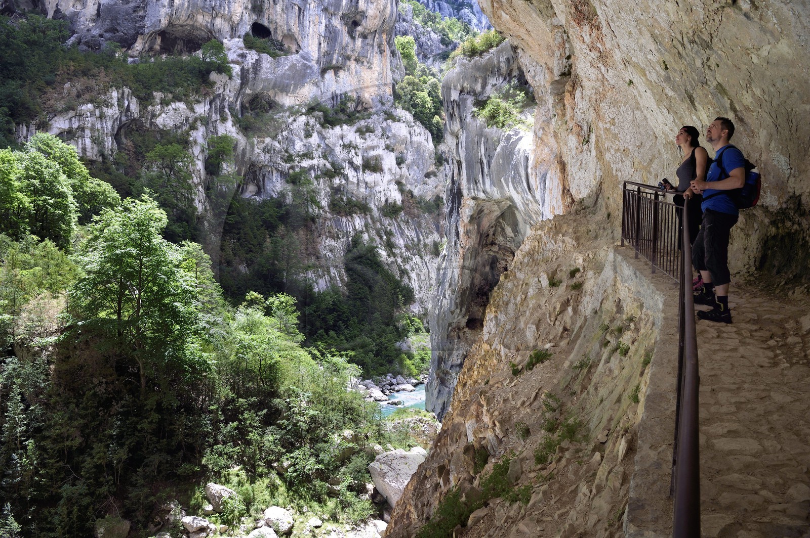 France, Alpes-de-Haute-Provence (04), Parc Naturel Régional du Verdon, Rougon, Grand Canyon du Verdon, la rivière du Verdon dans le couloir Samson, vu depuis le sentier Blanc-Martel sur le GR4