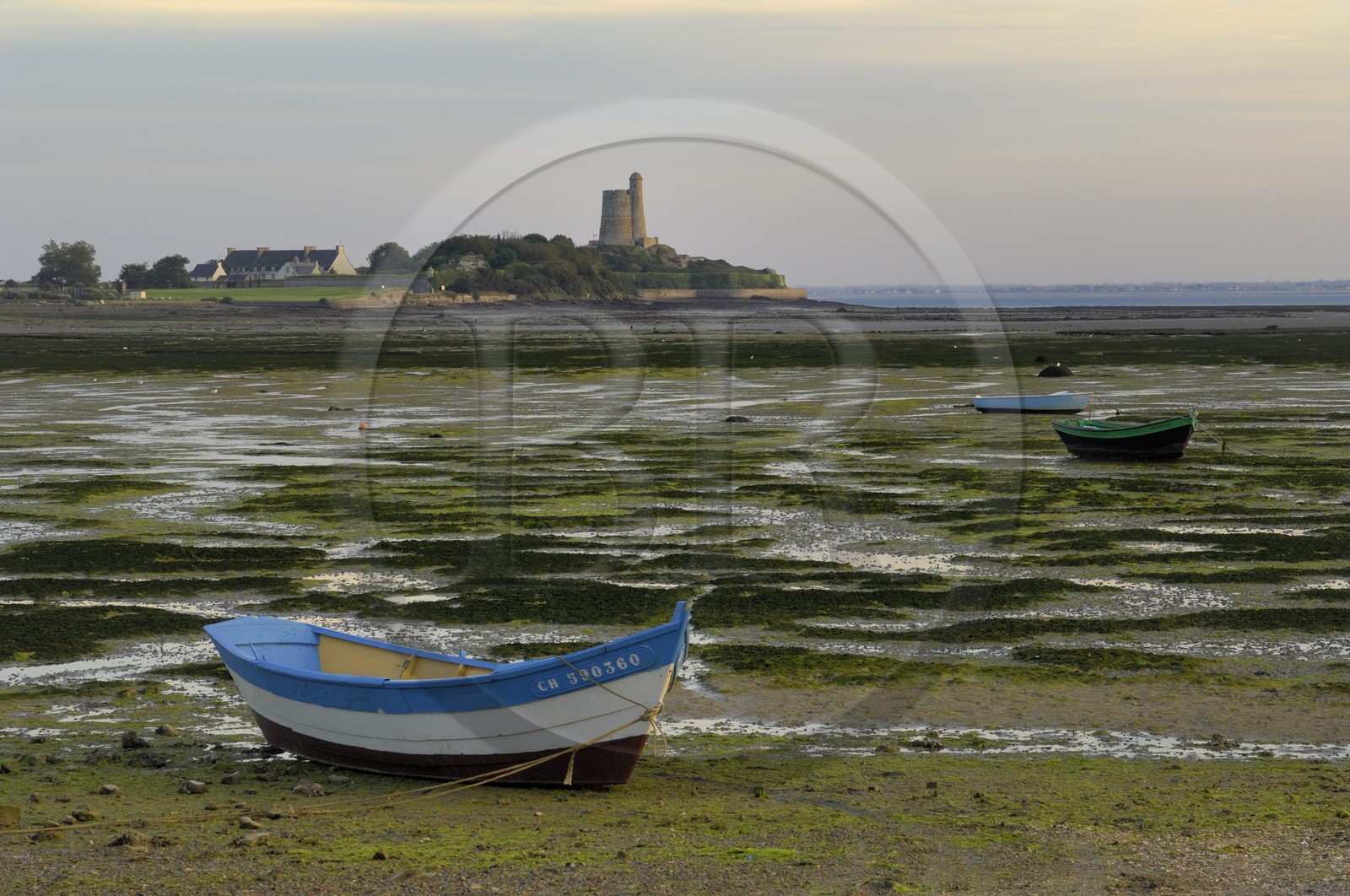 France, Manche (50), Val de Saire, région de Saint-Vaast-la-Hougue, fort de la Hougue Vauban classé Patrimoine mondial par l'UNESCO depuis la plage de Morsalines