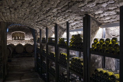 France, Cote d'Or, Climats terroirs of Burgundy listed as World Heritage by UNESCO, Beaune, Maison Champy, the oldest wine trading house in Burgundy, founded in 1720, aging of its wines in barrels in its cellars