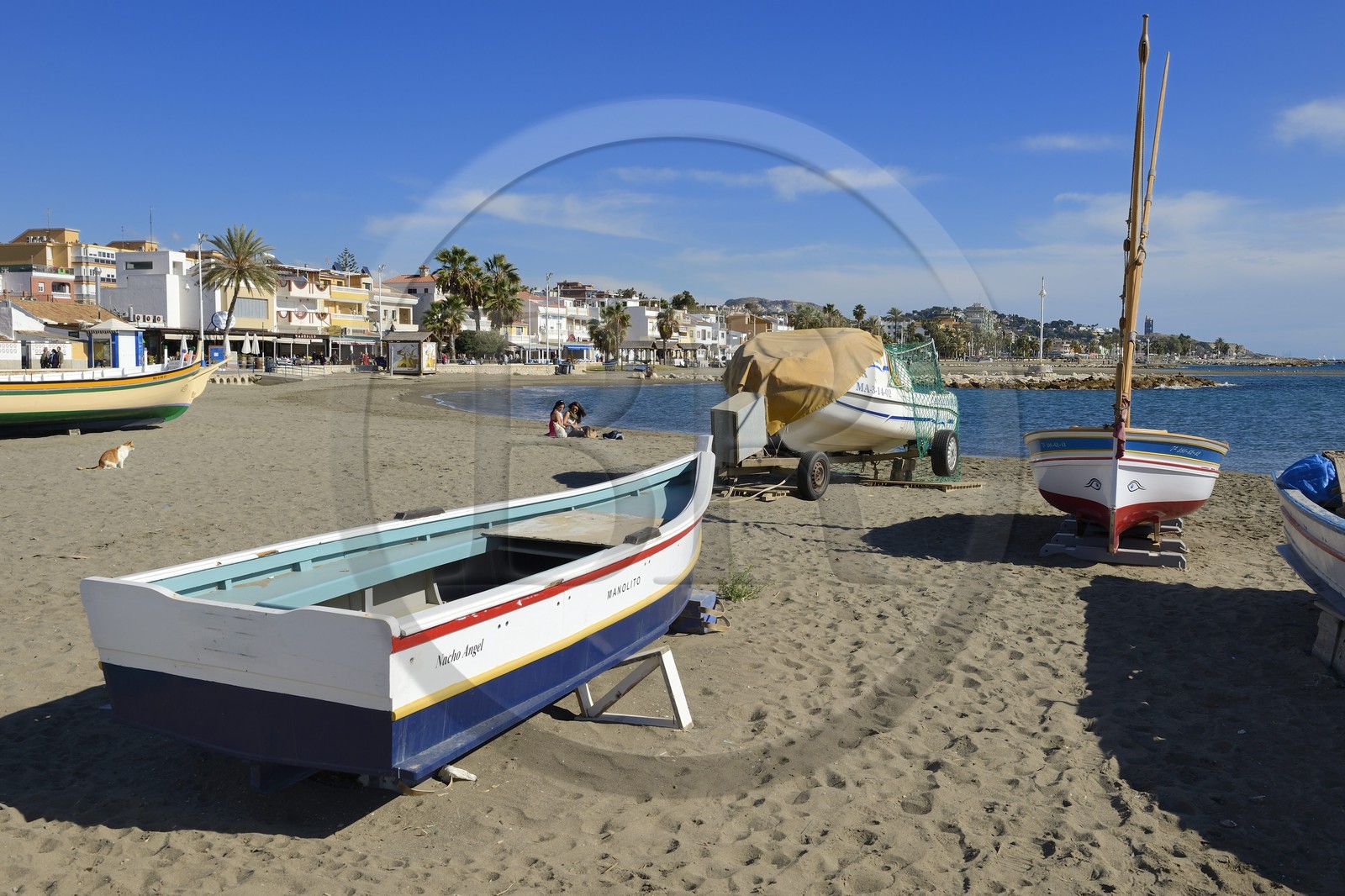 Spain, Andalusia, Malaga, fishing district of Pedregalejo, fishing boats on the beach