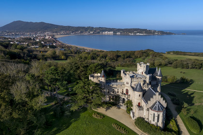 France, Pyrenees Atlantiques, Basque Country coast, Hendaye, Abbadia castle built in 1870 by Eugène Viollet-le-Duc for Antoine d'Abbadie d'Arrast (aerial view)