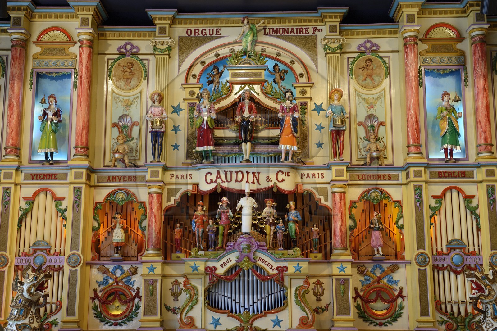 France, Rhone, Collonges au Mont d'Or, Paul Bocuse Restaurant L'abbaye de Collonges dedicated to receptions, personalized limonaire (barrel organ)