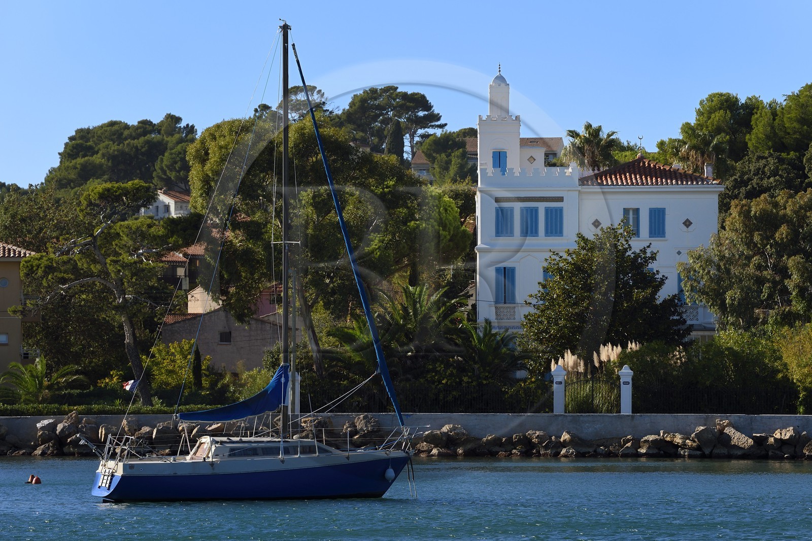 France, Var, the Rade (Roadstead) of Toulon, La Seyne-sur-Mer, area of Tamaris, the orientalist style Crescent villa (villa du Croissant) is recognizable by its minaret tower